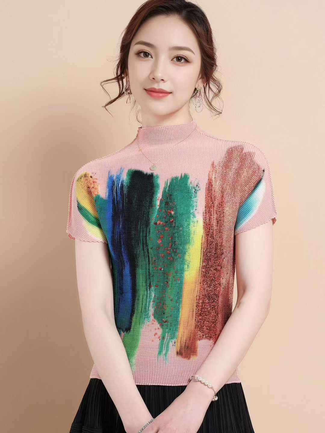 Miyake Pleats Short Sleeve Top Digital Print Crushed t Shirts for Lady