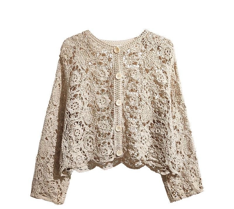 French-style Heavy-duty Crocheted Retro V-neck Lace Embroidery Hollow Design Cardigan Sun protection